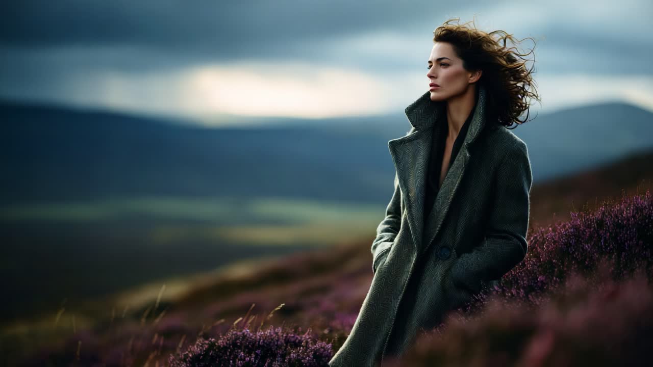 A Solemn Portrait of a Woman in a Grey Coat Standing Against a Dramatic Landscape, Emphasizing Nature's Beauty and the Spirit of Serenity in the Wild Environment
