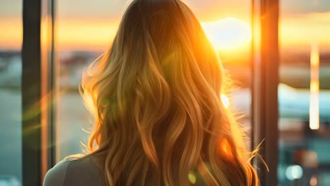 a woman with long blonde hair looking out a window at the sunset