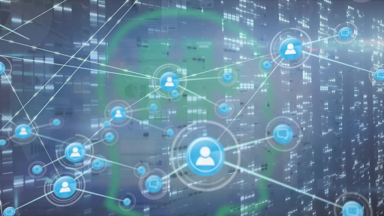 Animation of network of profile icons over screens with mosaic squares against blue background