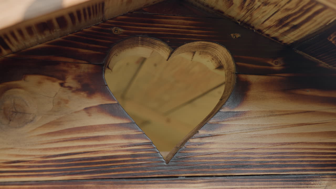 Close up of heart shaped cutout design on wooden playhouse gable, showcasing rustic texture and warm natural grain, symbolizing warmth and affection in cozy handcrafted outdoor environment
