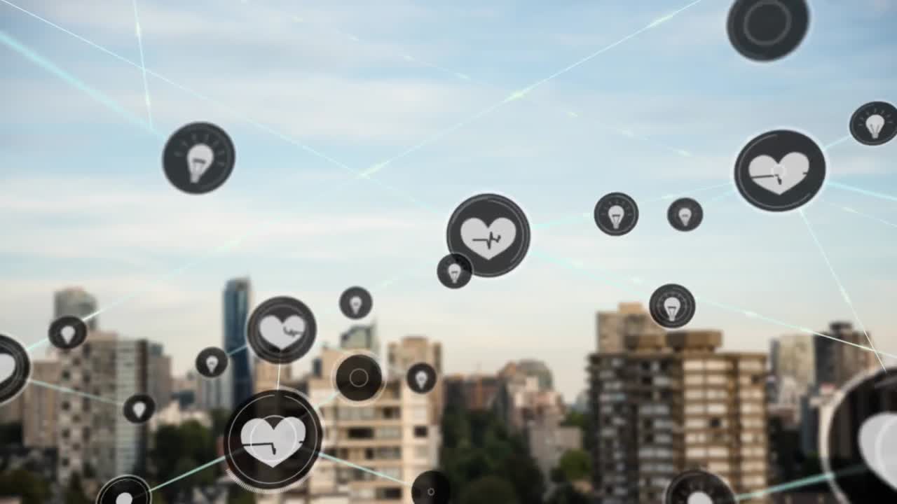 도시 풍경 위의 아이콘으로 연결된 네트워크의 애니메이션