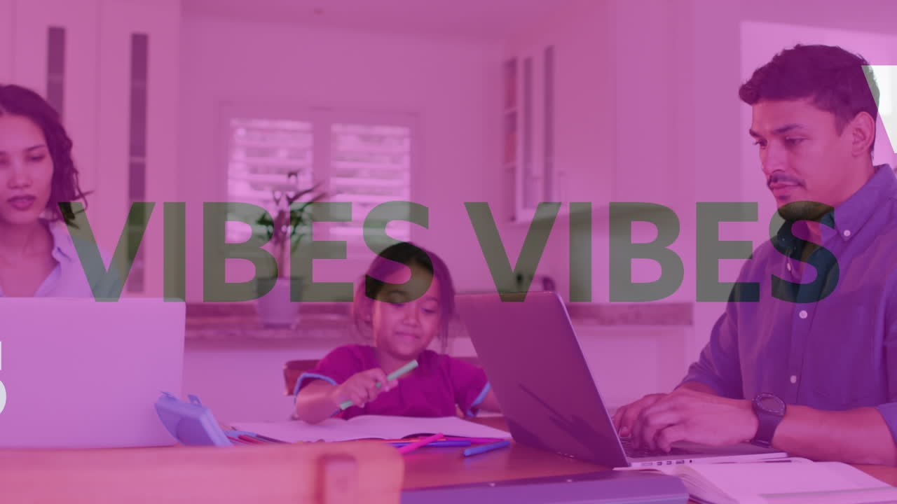 Animation of vibes text over biracial family learning and using laptops
