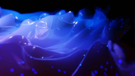 superficie 3d abstracta con hermosas olas, chispas luminosas y brillante gradiente de color azul púrpura. las olas corren en una superficie muy brillante y brillante con brillo brillante. animación en bucle 4k