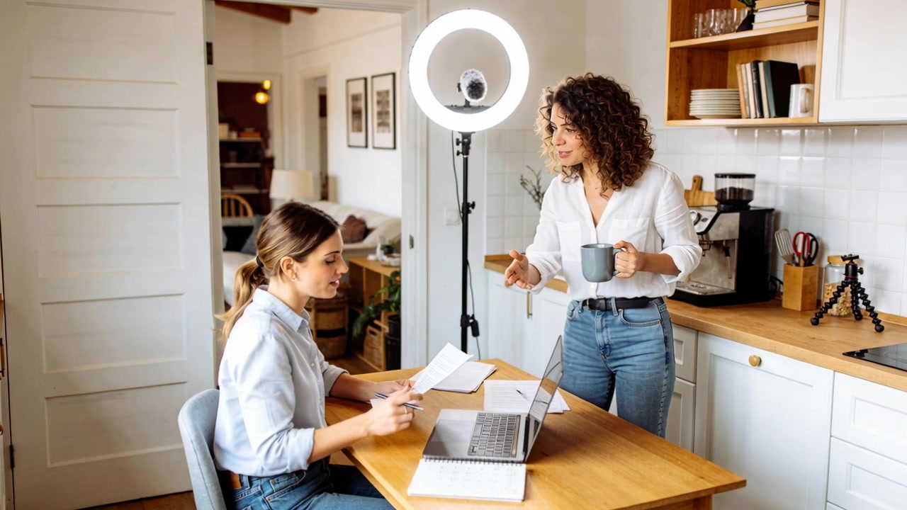 Speaking standing woman in blouse explaining, woman reading laptop papers near ringlight in kitchen