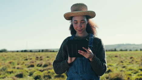 Agriculture,-woman-and-plan-on-tablet-for-farming