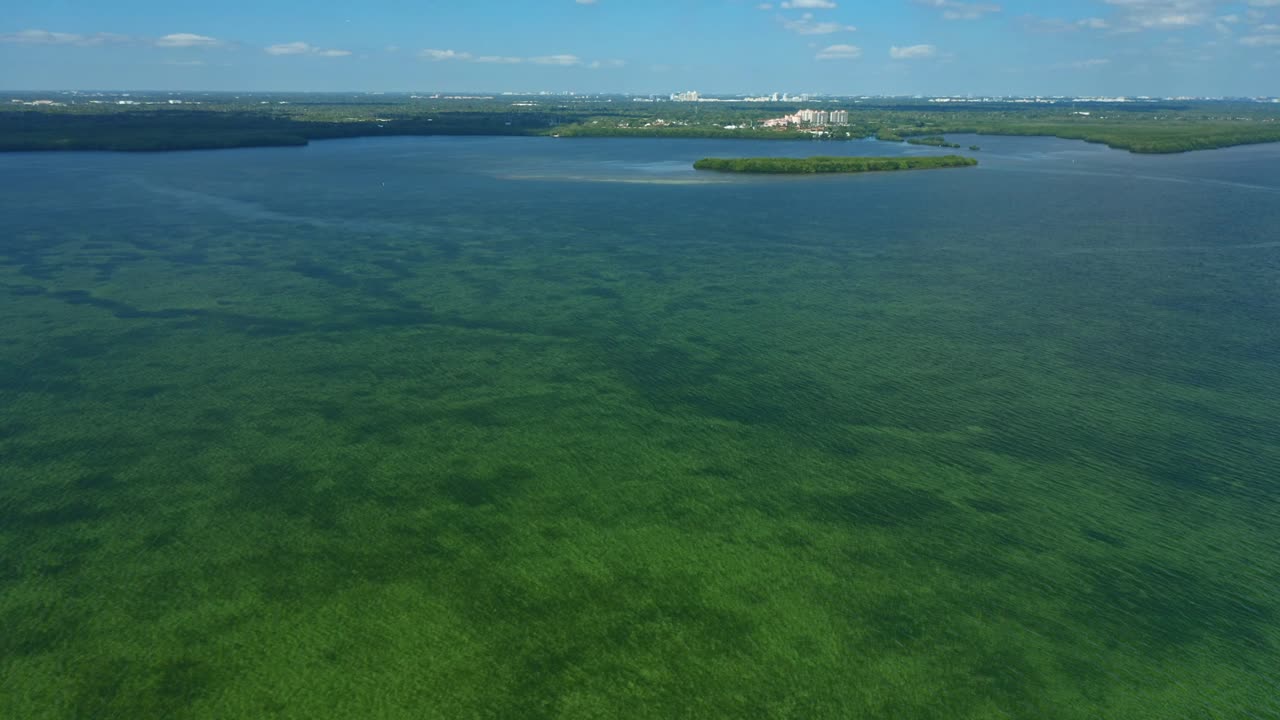 Szeroki widok wód przybrzeżnych ukazujący płytkie, zielonkawe obszary i głębsze, błękitne fragmenty z horyzontem przedstawiającym odległą panoramę miasta pod jasnym niebem w spokojny dzień