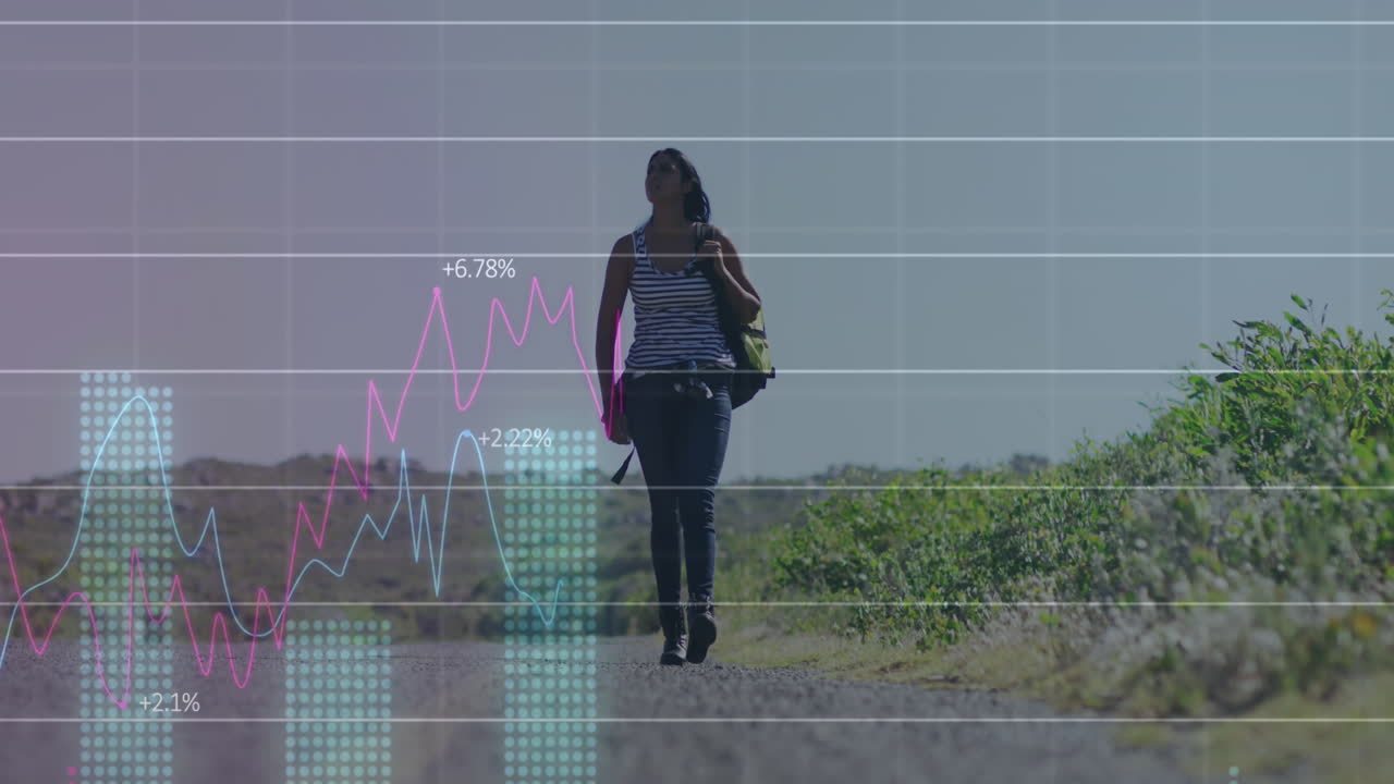 animación del procesamiento de datos financieros sobre una mujer biracial caminando por la calle.