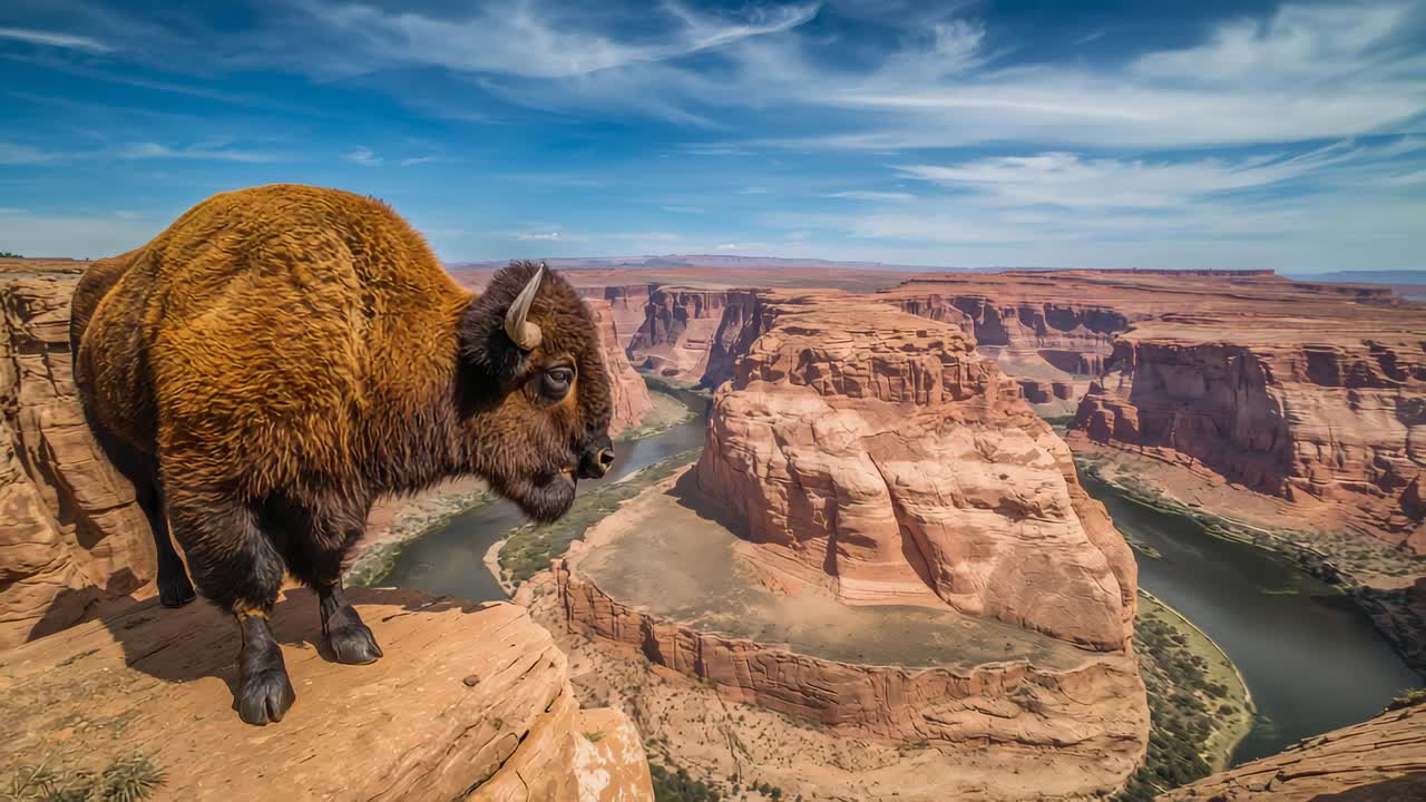 Shifting American bison moving closer to narrow sandstone cliff rim, peering down winding river