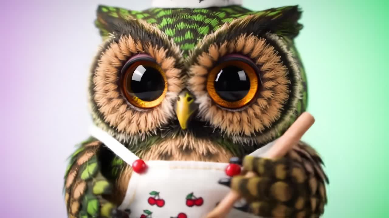 Adorable Culinary Owl: A Whimsical Character with Enormous Eyes and Vibrant Feathers, Mastering the Art of Cooking with Flair and Charm
