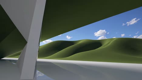 architettura moderna con una vista sul paesaggio di una collina verde