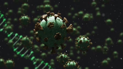 Animation-Von-Viruszellen-über-DNA-Und-Schwarzem-Hintergrund