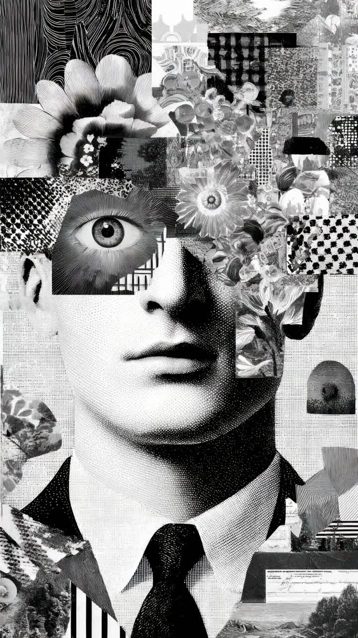 Surreal collage of a man's face with floral elements, frontal angle, video art style