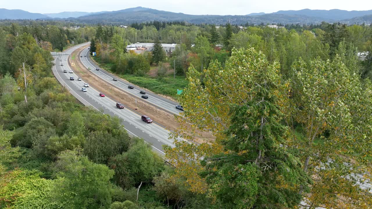 워싱턴 주에서 푸른 나무로 둘러싸인 적당히 바쁜 고속도로를 보여주는 항공 샷