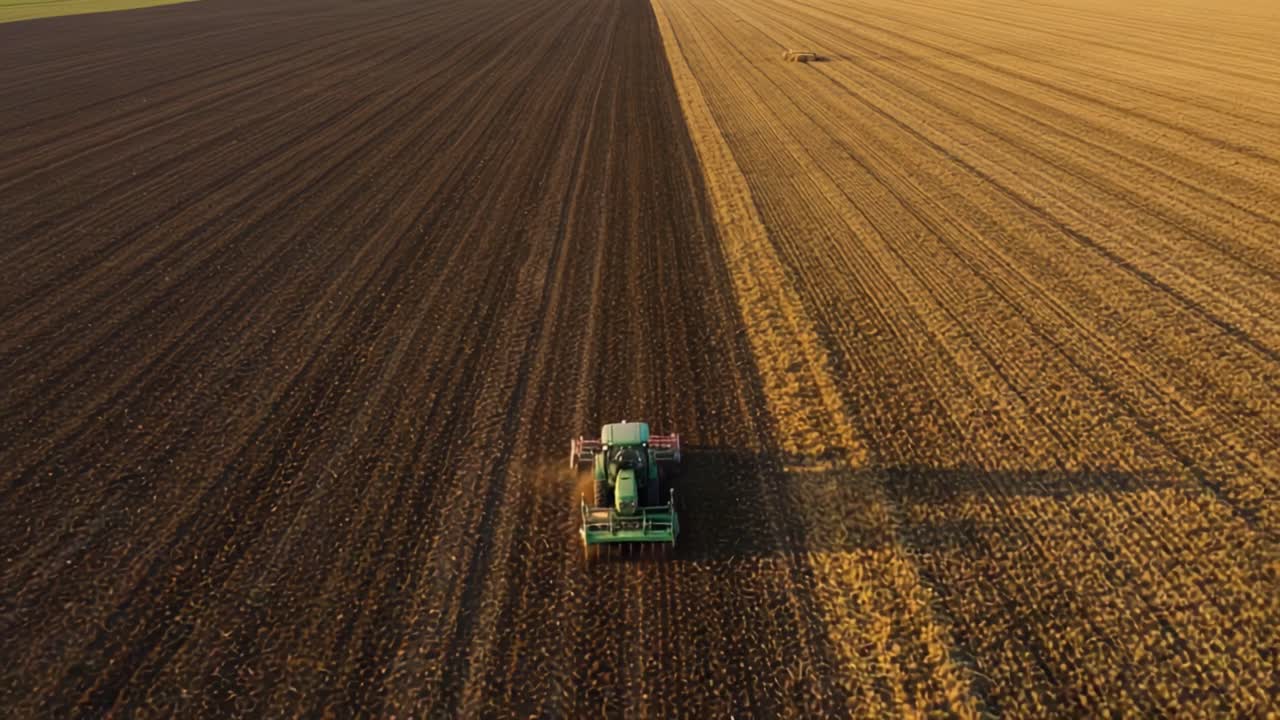 Aerial View of Agricultural Field Operations: Farming Machinery Working the Soil under a Golden Sunset, Showcasing Modern Techniques in Agriculture and Land Management