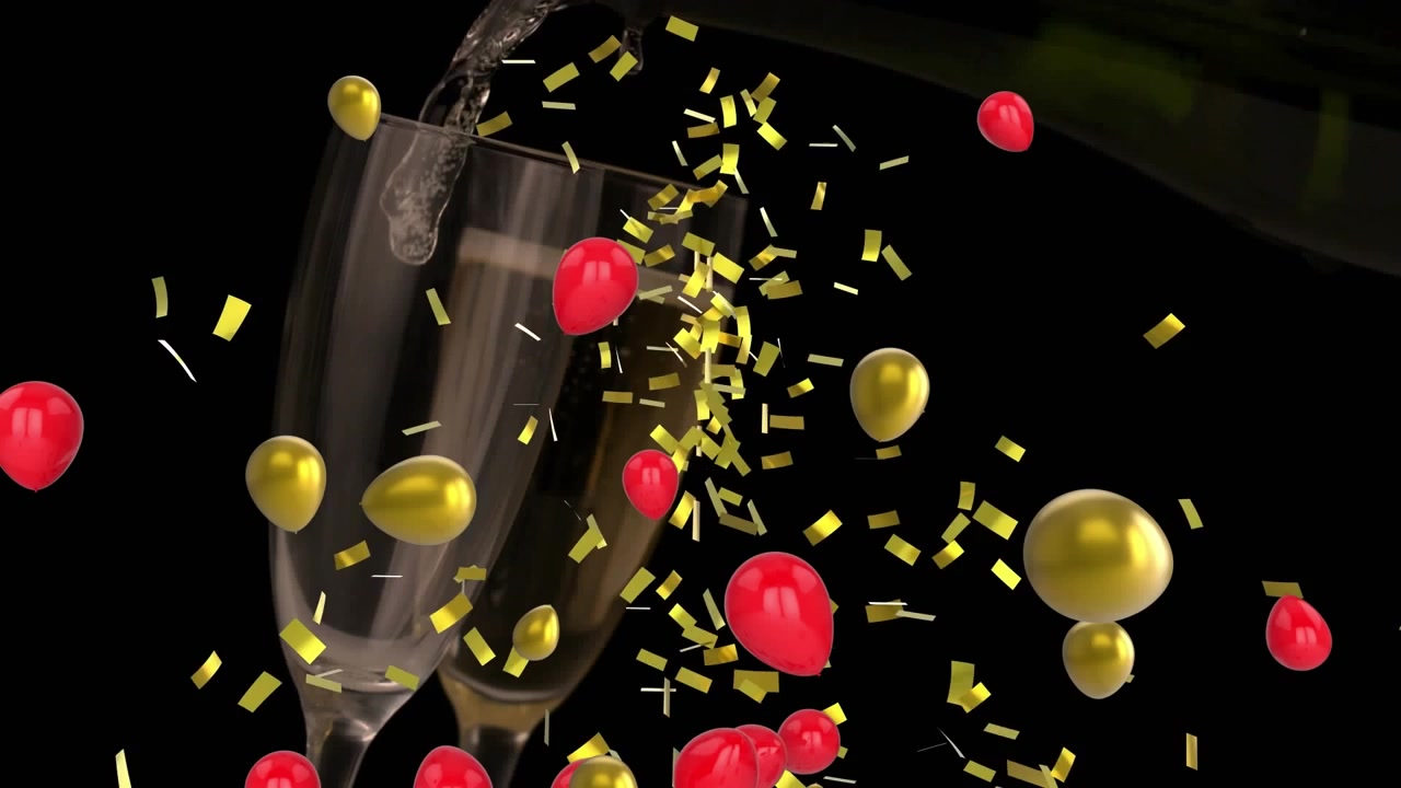 Animazione di luci bokeh sopra coriandoli a cerchio che cadono e palloncini colorati che volano su sfondo nero.