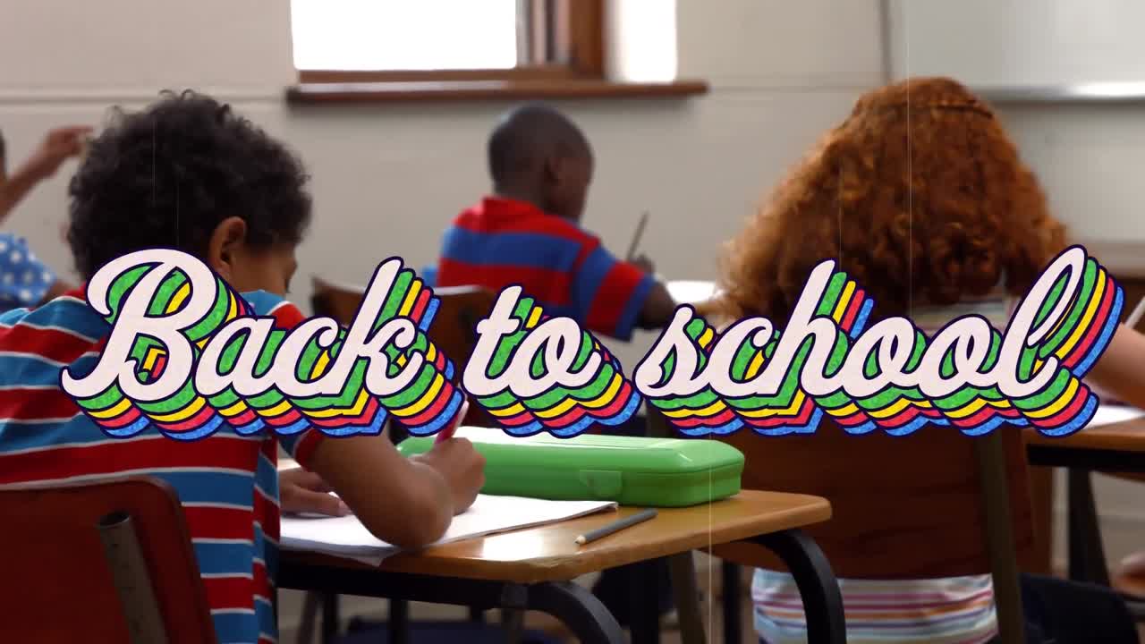 Digital animation of back to school multicolored text against group of students studying while sitti