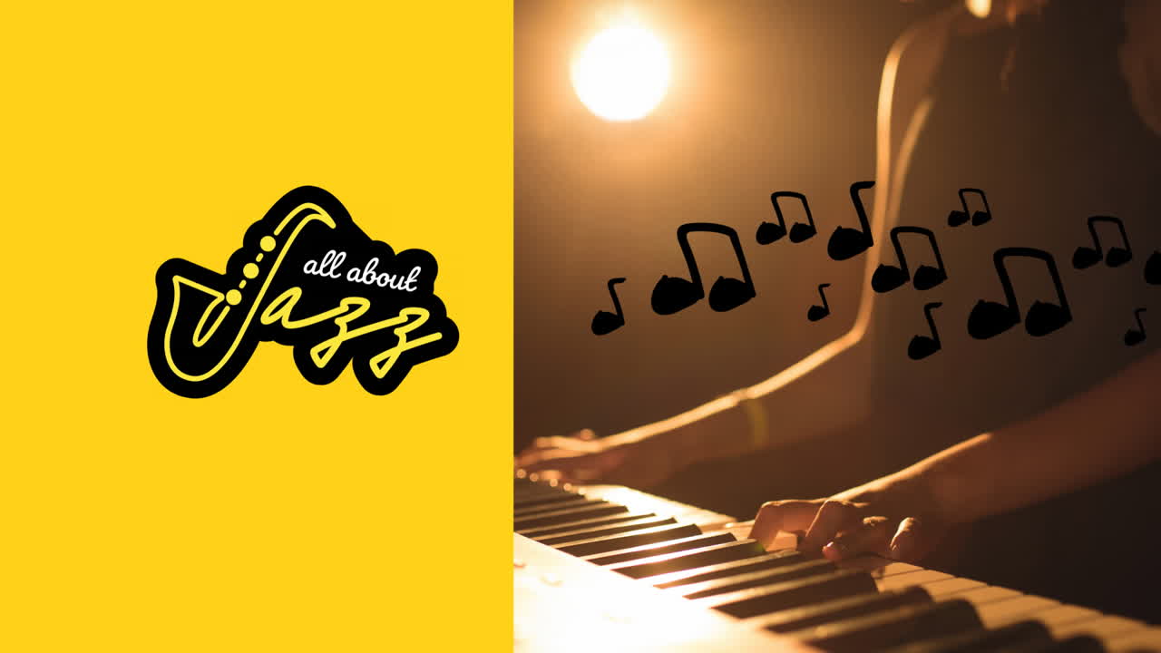 Animazione del testo 'tutto sul jazz' e icone di note musicali su una donna birazziale che suona la tastiera