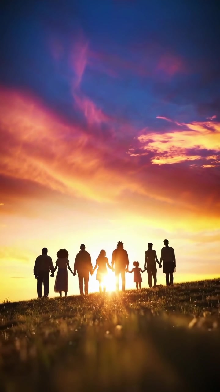 Silhouetted Group Holding Hands Against a Vibrant Sunset Sky