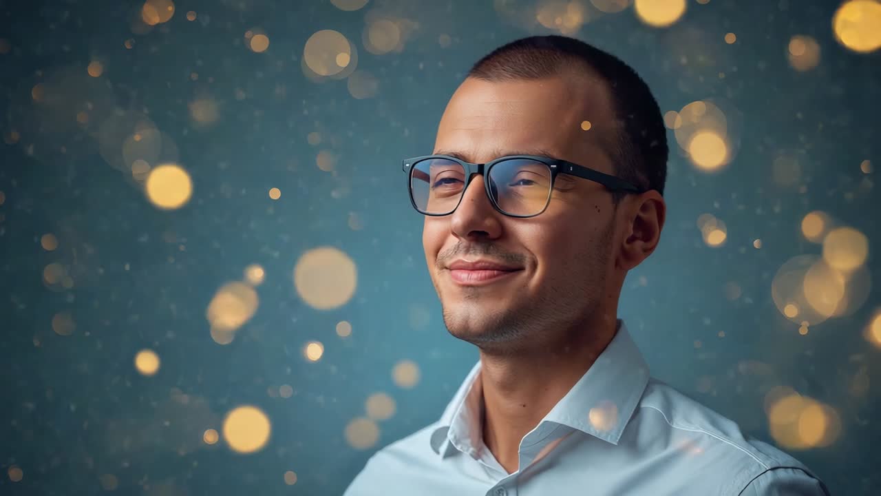 Reactie op zwevende gouden bokeh in de studio, man in overhemd met kraag en bril die zijn blik verlegt en glimlacht