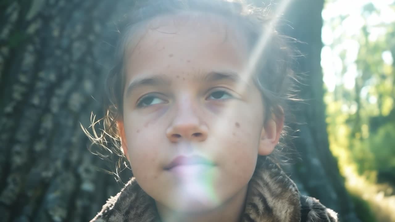 una joven mira al sol en un bosque.