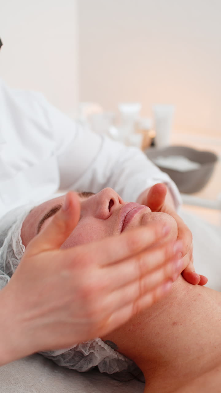 esteticista aplicando una máscara de crema hidratante química médica en el rostro de una mujer joven adulta