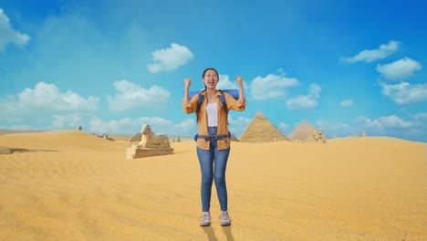 excited tourist in the egyptian desert