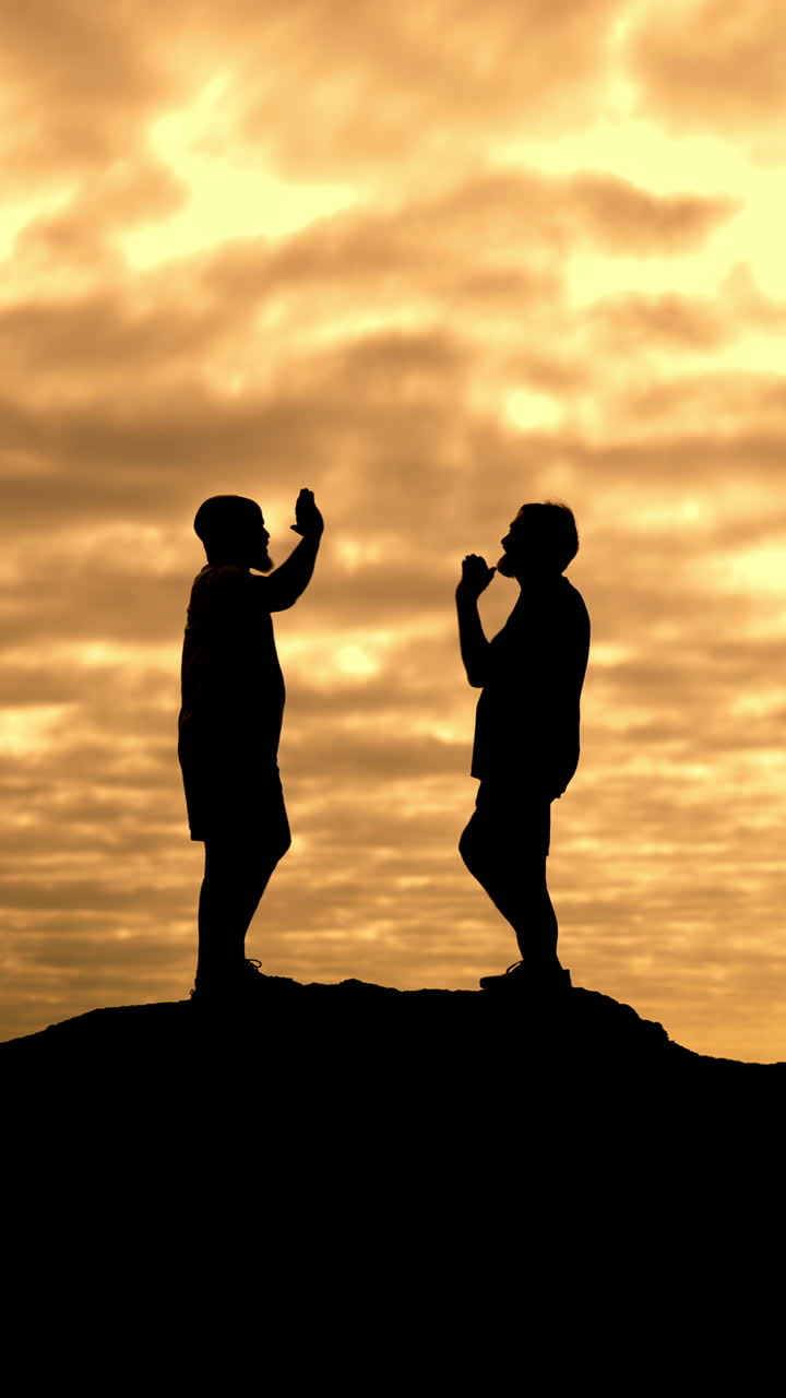 Silhouette di due uomini che si danno il cinque sulla cima di una collina al tramonto
