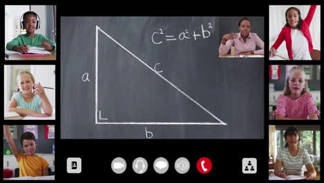 in school, children learning animation of pythagorean theorem in online math class