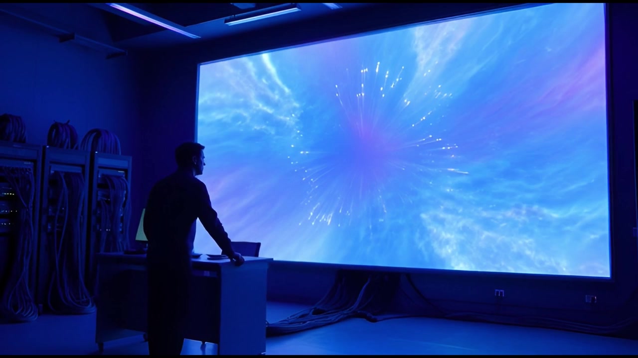 Man Observing Abstract Digital Display in Futuristic Server Room