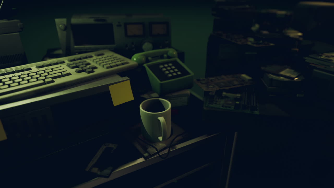 темное рабочее пространство с кофейной чашкой и старым офисным оборудованием ночью