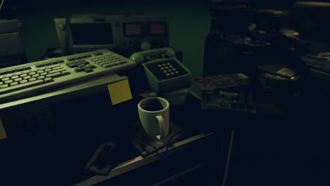 un espacio de trabajo oscuro con una taza de café y equipos de oficina viejos por la noche