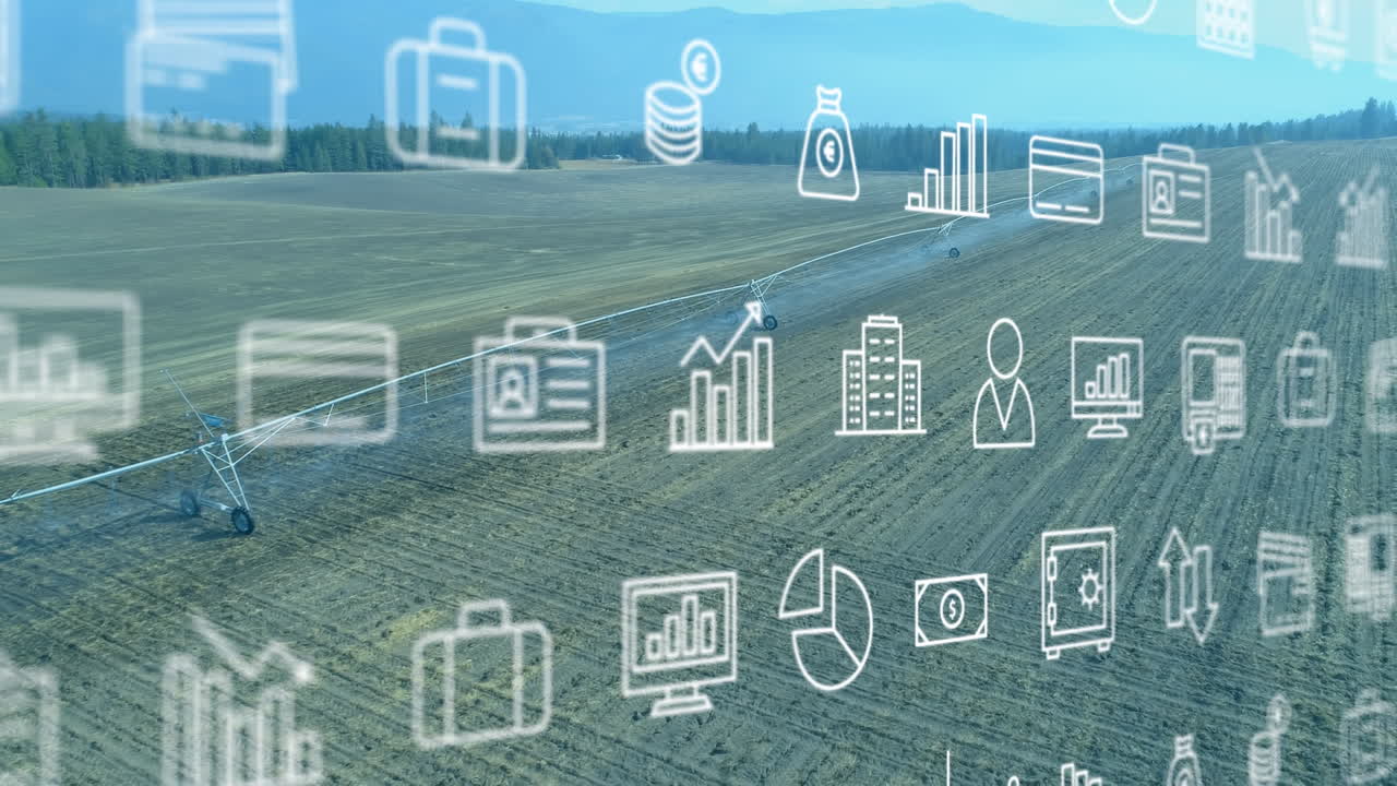 풍경 위에 있는 비즈니스 아이콘의 애니메이션