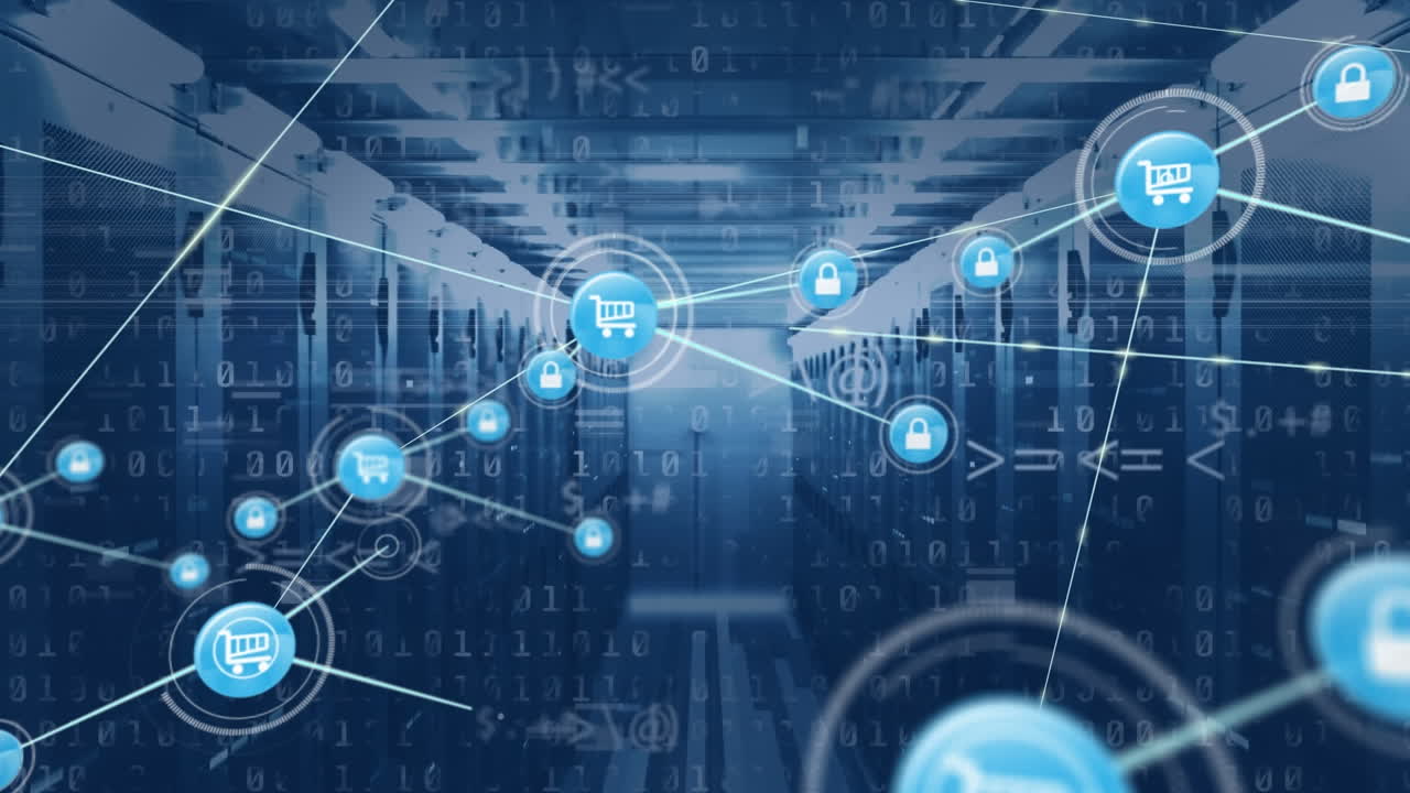 컴퓨터 서버  ⁇ 에 대한 디지털 아이콘 및 바이너리 코딩 네트워크의 애니메이션