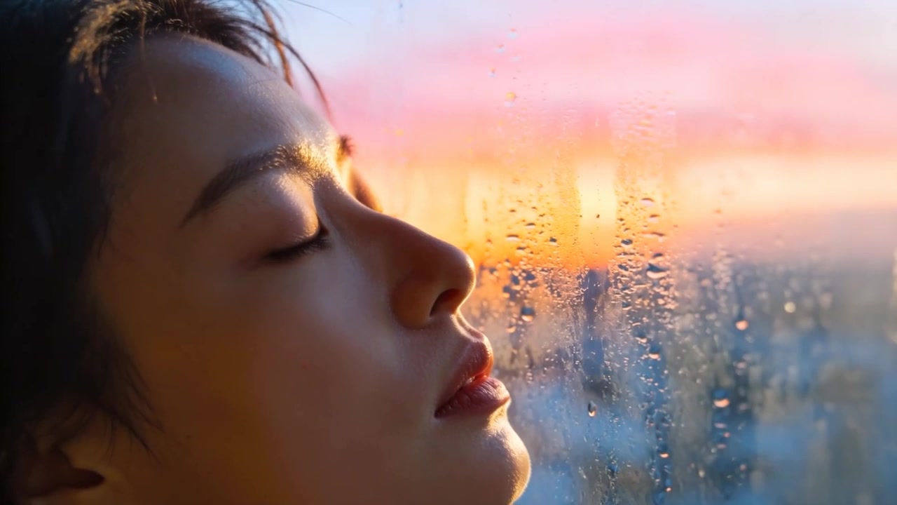 Resting woman leaning head on wet glass as sunset light deepens, watching blurred city lights glow