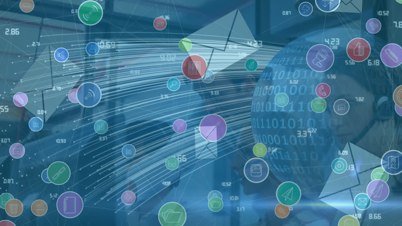 전화 헤드 ⁇ 을 사용하는 비즈니스 사람들에 대한 아이콘과 연결 네트워크의 애니메이션