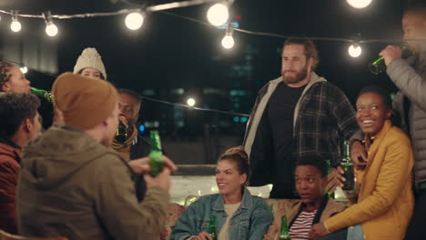 happy group of friends enjoying rooftop party celebration drinking alcohol making toast having fun social gathering celebrating weekend of friendship at night