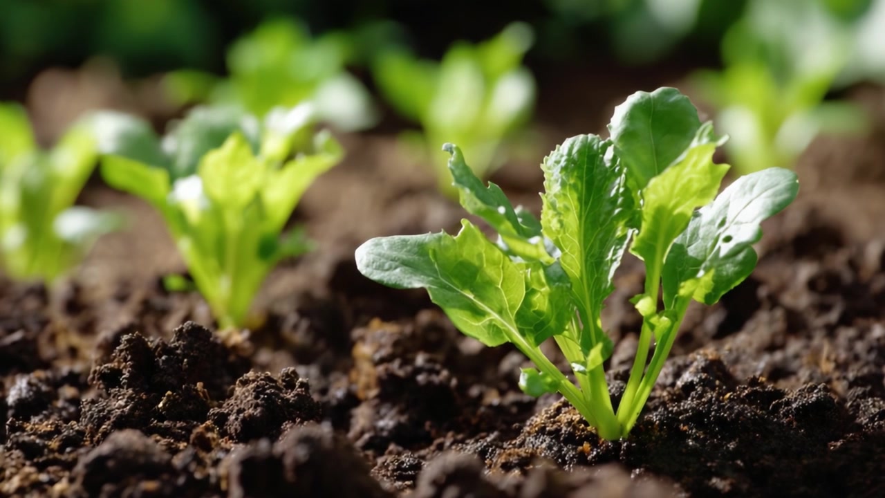 Primer Plano de Lechuga Creciendo en Suelo Sano, con Hojas Verdes Brillantes y Tierra Rica, Ilustrando la Belleza de la Vegetación y el Ciclo de Crecimiento de la Naturaleza.