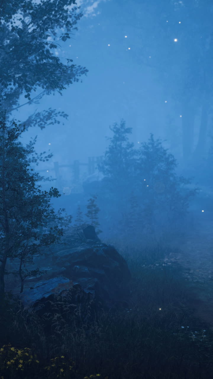 Mysterious forest landscape illuminated by soft blue light at twilight