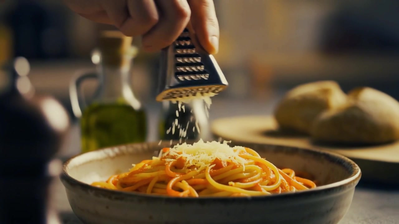 Mano che grattugia Parmigiano fresco su una ciotola di spaghetti