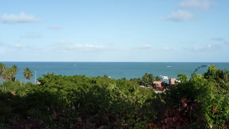 Vistas-A-La-Playa-De-Penha-En-Un-Trípode-Con-Follaje-Exótico-Que-Sopla-En-El-Viento-Y-La-Costa-Azul-Tropical-De-Joao-Pessoa-En-Paraiba,-Brasil-En-El-Fondo-En-Un-Cálido-Día-Soleado-De-Verano