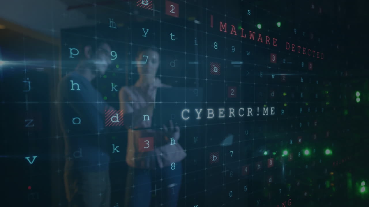 Warning and malware detection animation over people discussing in office