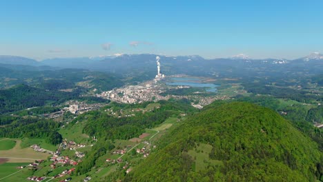 aerial distinct mesmerizing green city velenje, slovenia, europe, thermoelectric plant