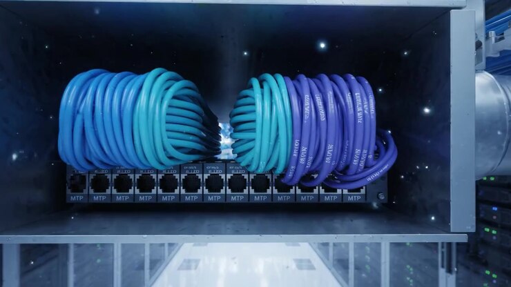 A High-Tech Data Center Featuring Advanced Server Racks and Blue Cabling, Designed for Efficient Data Storage and Processing in a Cutting-Edge Environment