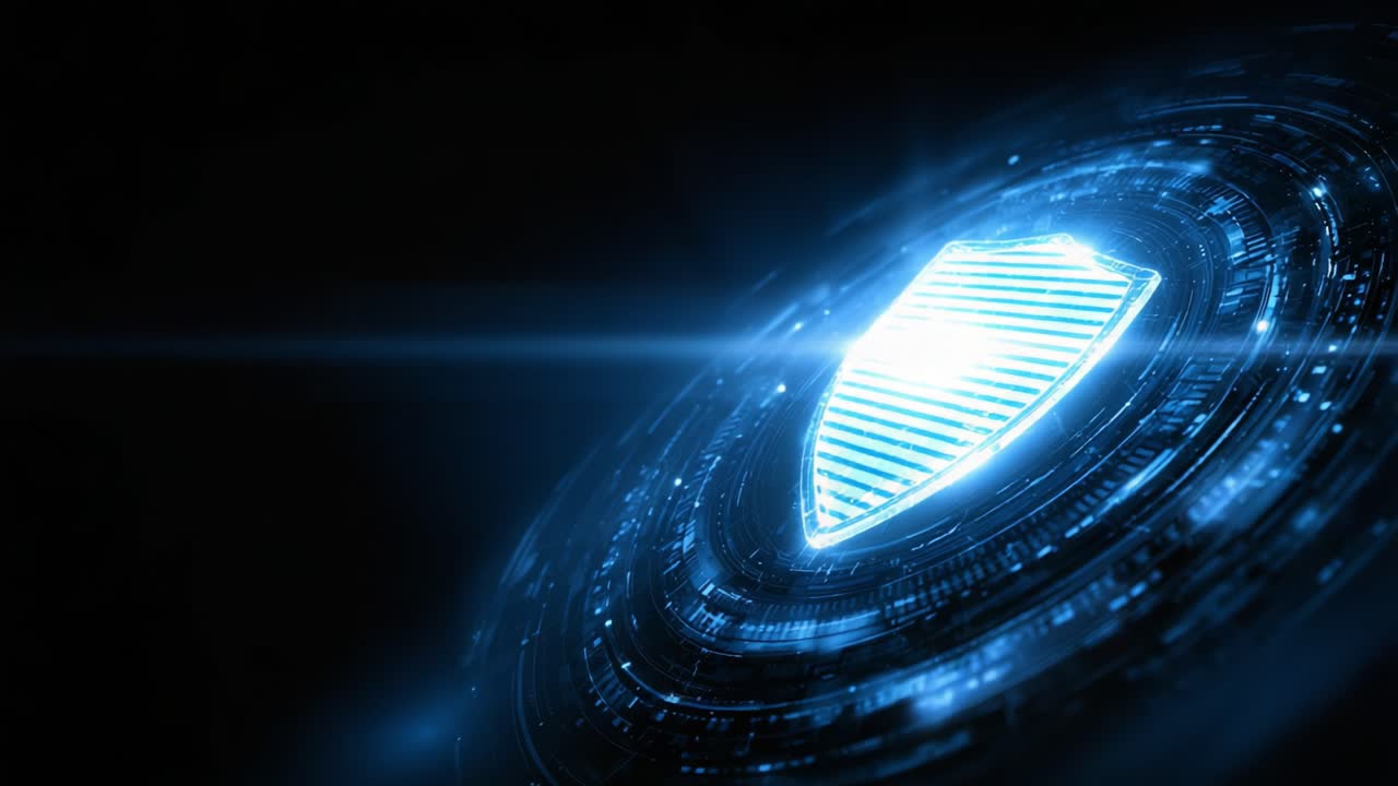 A High-Tech Shield Illuminated in Digital Blue as a Symbol of Cybersecurity and Protection in a Futuristic Digital Realm