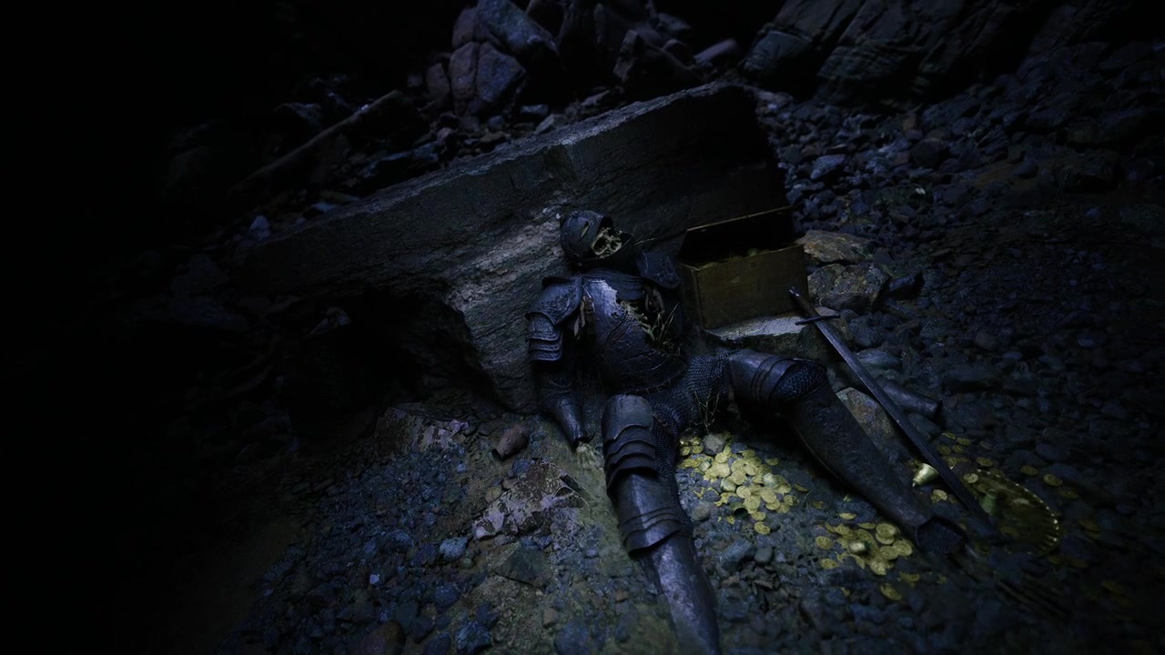 Dark tunnel illuminated by glowing fungi reveals lost hope and sorrow