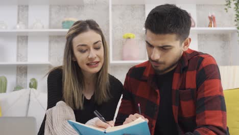 jóvenes amantes felices estudiando con una computadora portátil sentados juntos en casa.