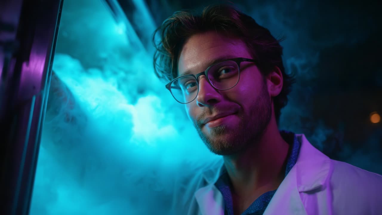 In a vividly lit laboratory setting, a young scientist is portrayed surrounded by dense smoke, reflecting a moment of intense curiosity and focus on his scientific endeavors, illuminated by vibrant blue and purple hues