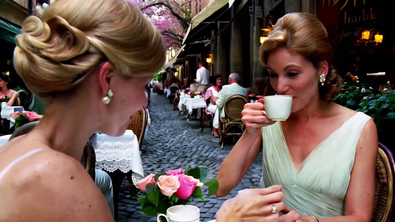 Two Women Enjoying Coffee in a European Street Cafe