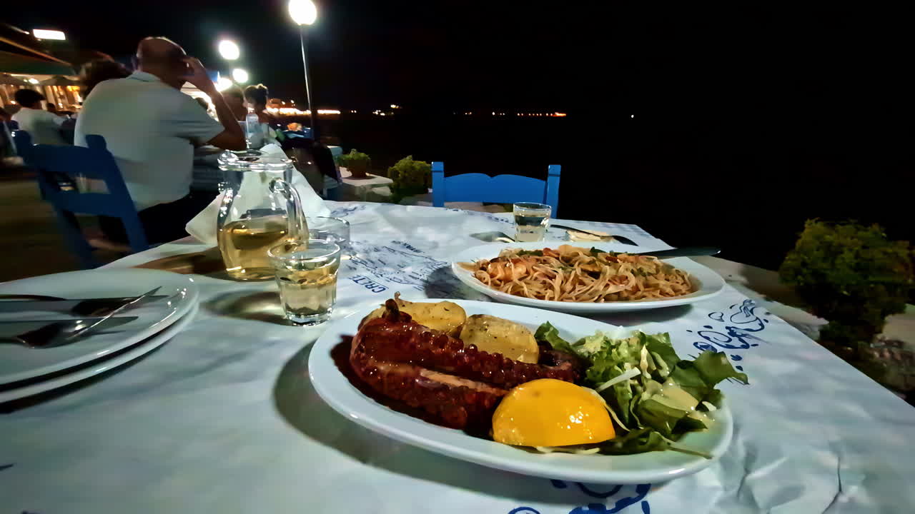Close-up coastal restaurant at night with Mediterranean food and locals, summer on the island of Crete Greece, Port Elounda