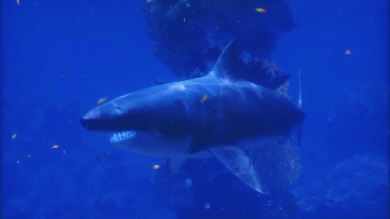 Majestic shark gliding through vibrant underwater habitat in ocean depths